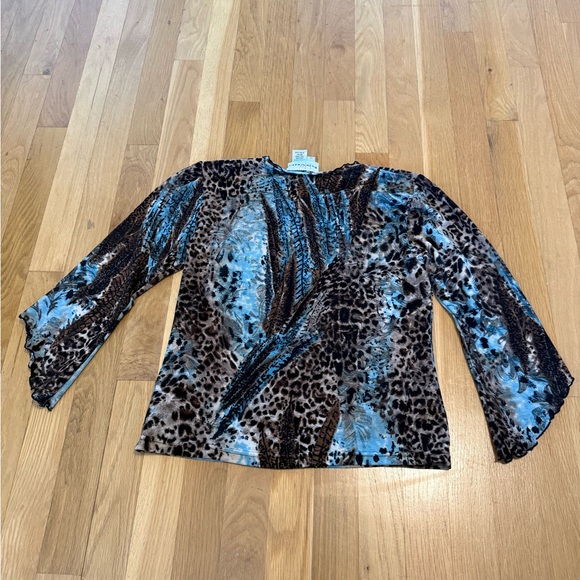 Vintage Y2K Haven Bleu Leopard Print Mesh Top Beaded V-Neck Bell lettuce Sleeve - Picture 7 of 10